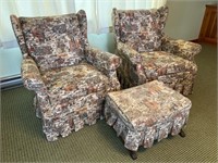 2 Upholstered Wingback Chairs & Footstool