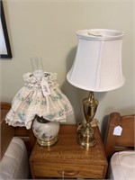 2 Framed Needlepoint Pieces, & 2 Table Lamps