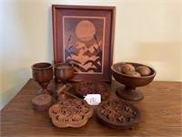 Inlaid Wall Hanging with Carved Wooden Items