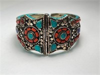 Solid Sterling Turquoise/Coral/Lapis Cuff Bracelet