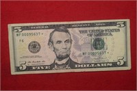 2013 $5 Federal Reserve Star Note - Low Serial