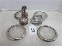 4 GLASS COASTERS AND 2 VINTAGE LIGHTERS