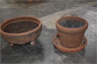 Two Clay Garden Pots with Carvings, Footed