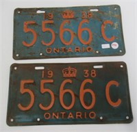 Pair of matching 1938 Ontario license plates.