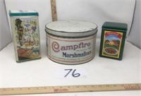 Three Vintage tins-Campfire Marshmallows, Nestle,