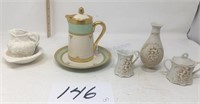 Porcelain coffee pitcher, cream and sugar,