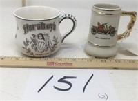 2 vintage cups, Hersheys, old time vehicle