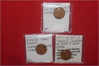Three Wheat Pennies w/ Mint Errors - 1936, 1954D &