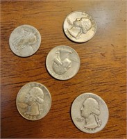 lot of 5 mixed Silver quarters