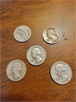 lot of 5 mixed Silver quarters