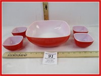 Vintage PYREX Red Square Bowl with 7 oz Dishes