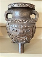 Tri Footed Aztek Carved Wood Urn
