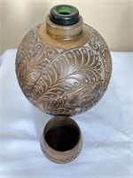 Etched Wood Covered Round Bottle w/ Lid
