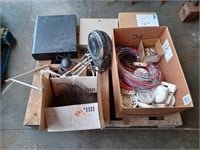 PALLET W/ TABLE FAN, CHIMNEY CLEANING BRUSH, BOX
