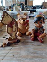 WOOD CARVED PINOCCHIO, RESIN WINNIE THE POOH