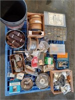 PALLET W/FITTINGS, CABLE, SANDPAPER, ASSORTED