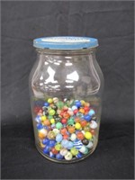 LARGE GLASS MAYONAISE JAR WITH MARBLES:
