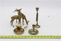 BRASS TONE DEER, CANDLE HOLDERS, ETC