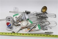 WHISKS, LADLE, ASSORTED KITCHEN TOOLS