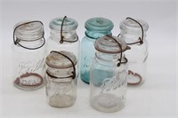 (6) GLASS CANNING JARS BAIL AND GLASS TOPS