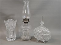 Lot of Clear Glass Oil Lamp, Lidded Dish, Vase