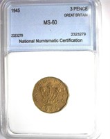 1945 3 Pence NNC MS-60 GREAT BRITAIN