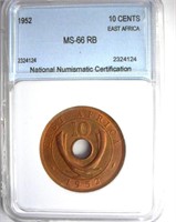 1952 10 Cents NNC MS-66 RB East Africa