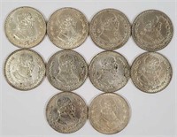 10 Mexican 1 Peso Coins 1957-1967