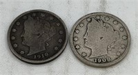 2 liberty head nickels 1908 and 10