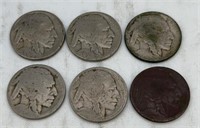 6 buffalo nickels unknown years