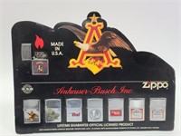 1995 Anheuser-Busch Zippo Display w/ 8 Lighters