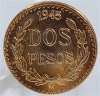 1945 Mexico 2 Pesos Gold Coin