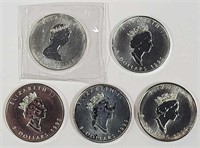 5 Mixed Date Canada 1 Oz. Silver Maple Leaf Coins