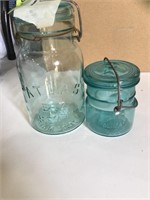 1 quart & 1 pint green antique jars