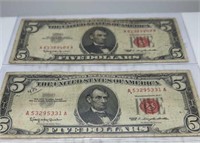 (2) 1963 red seal $5 bills