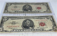 (2) 1963 red seal $5 dollar bills