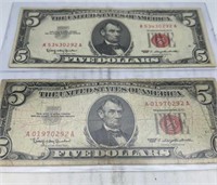 (2) 1963 red seal $5 bills