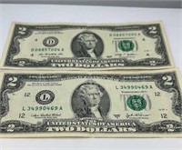 (2) 2 dollar bills 2003a and 2009