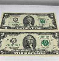 (2) 2 dollar bills 2013