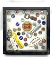 Bottle Cap and Openers in Shadow Box 13.5” x