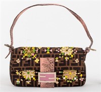 Fendi Zucca Embroidered & Beaded Baguette Handbag