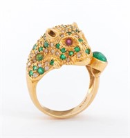 14K Gold Diamond Emerald & Ruby Panther Ring