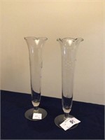 Pair etched glass vases - 10 in tall