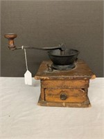 EARLY PRIMITIVE COFFEE GRINDER W/ DOVETAIL WOOD