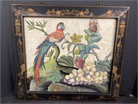 VINTAGE ASIAN FRAMED HAND PAINTED BIRD, BUTTERFLY