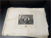 FOUR ANTIQUE COLONIAL THEMED ETCHING PRINTS 24in