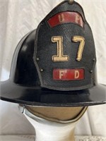 ANTIQUE FIRE HELMET WITH LEATHER BADGE 8 X 11 X