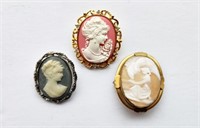 3 Vintage Cameo Broaches