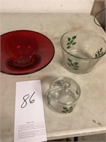 Red ruby bowl, 2 holly leaf glassware