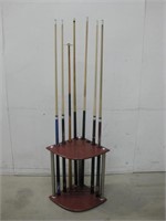 Pool Cue Stand W/Pool Sticks Pictured Untested